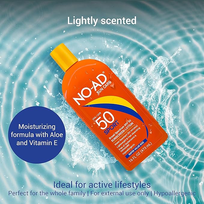 NO-AD SPF 50 SPORT Sunscreen Lotion | Hypoallergenic | Broad Spectrum UVA/UVB Protection | Water Resistant | Octinoxate &amp Oxybenzone Free with moisturizing Vitamin E and Aloe 16oz