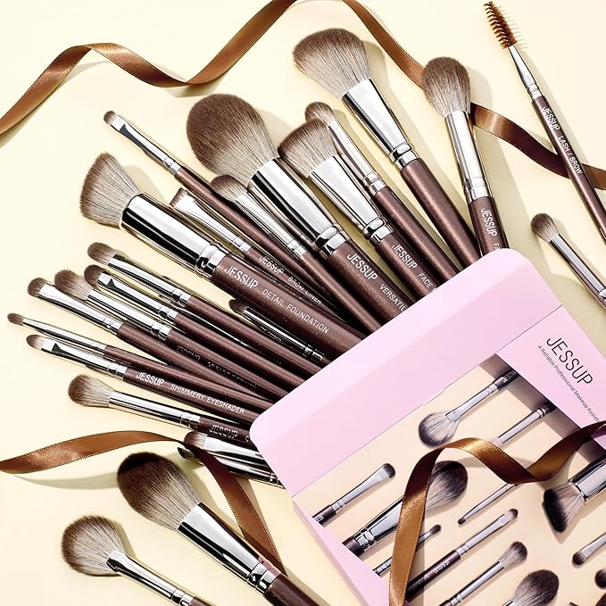 Jessup Makeup Brushes Set Professional 25pcs Premium Synthetic Make up Brushes for Foundation Eyeshadow Blending Concealer Blush Contour Bronzer Eyeliner Eyebrow Shimmer Brown T511