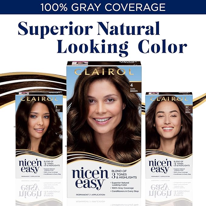 Clairol Nice 'n Easy Permanent Hair Color 5C Medium Cool Brown Pack of 3 Allergy Gentle Single-Step Hair Dye Conditioners Natural-Looking Color Salon Highlights Grey Coverage