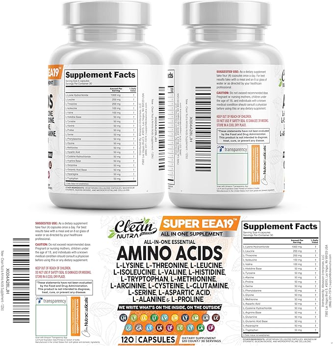 Clean Nutraceuticals Amino Acids Supplement L-Lysine L-Threonine L-Leucine Isoleucine Valine L-Histidine L-Tryptophan L-Methionine L-Arginine L-Cysteine L-Glutamine L-Serine Aspartic Acid