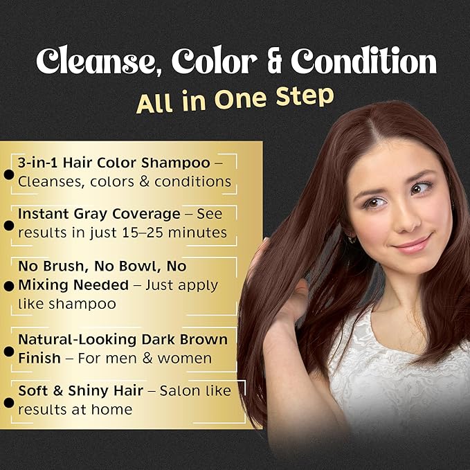 Herbishh Chestnut Brown Hair Color Shampoo - 3-In-1 Magic Dye for Gray Hair 500 Ml + Essential Flower Hair Oil - Organic Formula for Dry Damaged Hair 60 ML