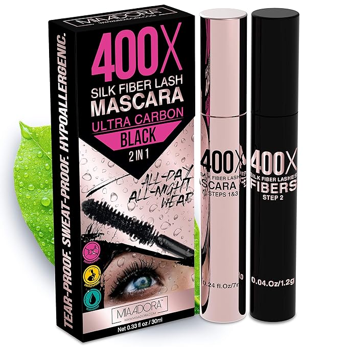 400X Pure Silk Fiber Lash Mascara [Ultra Black Volume and Length] Longer &amp Thicker Eyelashes. Waterproof Long Lasting Instant &amp Very Easy to Apply Smudge-proof Hypoallergenic