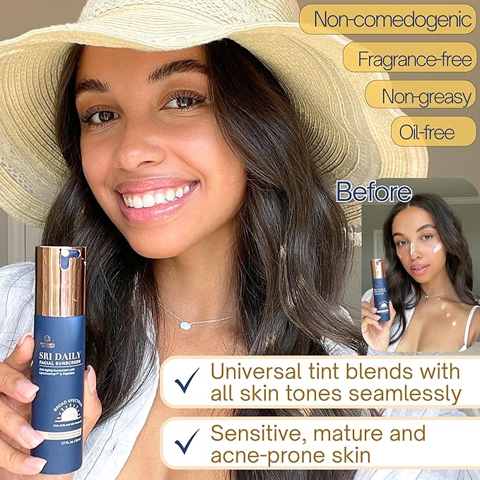 SRILabs Daily Facial Sunscreen - SPF 40 - Anti-Aging with Lipochroman &amp Peptides - Transparent Zinc Oxide - Universal tint &amp Weightless - 1.7 OZ