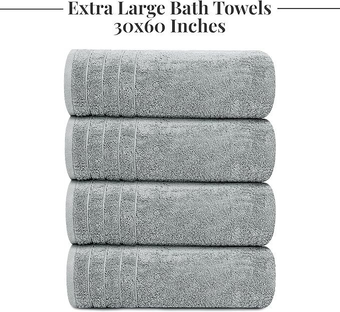 Tens Towels Pack of 4 Extra Large Bath Towels 30 x 60 Inches 100% Cotton Larger &amp Lighter Weight Quicker to Dry Super Soft and Absorbent Perfect for Bathroom Cool Grey