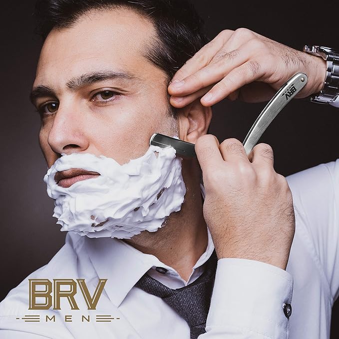 BRV MEN Professional Straight Edge Barber Razor w/ 100 Single Edge Razor Blades | Straight Razors for Men | Barbershop Accessories | Mens Shaving Knife &amp Shavette - Silver