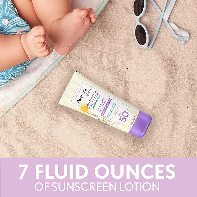 Aveeno Baby Continuous Protection Zinc Oxide Mineral Sunscreen Lotion for Sensitive Skin Broad Spectrum SPF 50 Tear-Free Sweat- &amp Water-Resistant Paraben-Free Non-Greasy 7 fl. oz