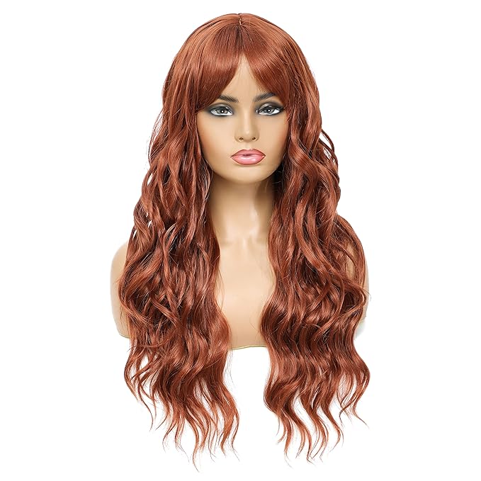 SWACC Long Curly Wavy Wig with Bangs Synthetic Hair Wig for Women with Wig Cap (Dark Copper Red)