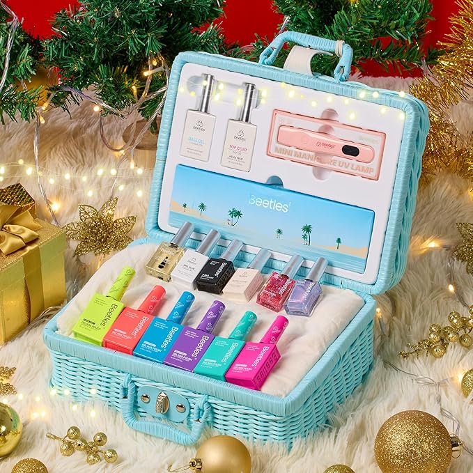 Beetles Christmas Gel Nail Polish Set with Mini LED Nail Lamp Purple Red Green Yellow Gel Polish with Base Top Coat Nail Art Brushes Salon DIY Gift Basket for Women