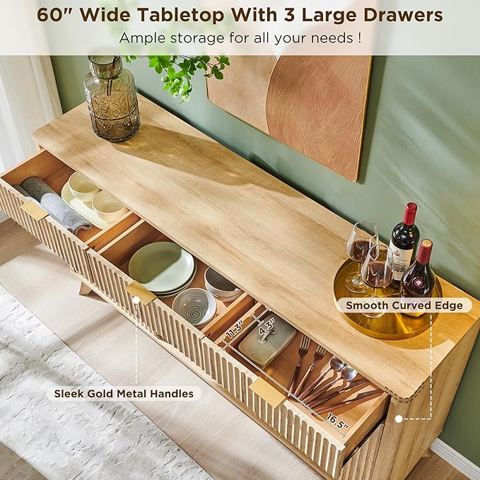 OKD 60 Fluted Buffet Cabinet with Storage - 3 Drawers and 2 Doors Mordern Wine &amp Coffee Bar Cabinet with Wine and Glass Racks Sideboard with Adjustable Shelves for Kitchen Dining RoomNatural