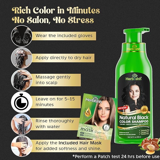 Herbishh Black Hair Color Shampoo - 3-In-1 Magic Dye for Gray Hair 500 Ml + Argan Oil for Dull Dry Damaged Hair 30ML