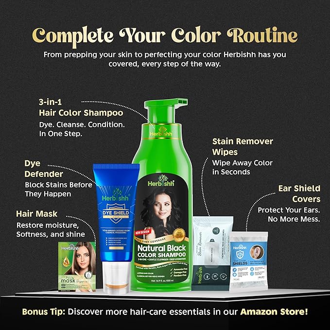 Herbishh Hair Color Shampoo for Gray Hair ? Natural Hair Dye Shampoo ? Colors Hair in Minutes ? Lasts Up To 3-4 Weeks ? 500ML ? 3-In-1 Hair Color ? Colors Cleanses and Conditions (Black)