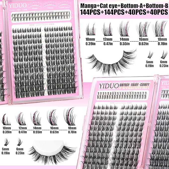 8 Styles Mix Lashes Clusters Kit 4 Box Cluster Lash Book Kit with Bond&ampSeal 1888Pcs 100D/200D/300D Volume Manga Eyelash Extension with Spikys/Bottom lash Kit for Beginners DIY at Home Easily