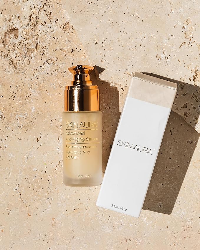 SKIN AURA??Advanced Anti-Aging Serum | All-In-One Sensitive Formula for Wrinkles Fine Lines &amp Age Spots | Plant Derivative with Hyaluronic Acid Collagen Peptides 5 Vitamins + Minerals - 30ml (1