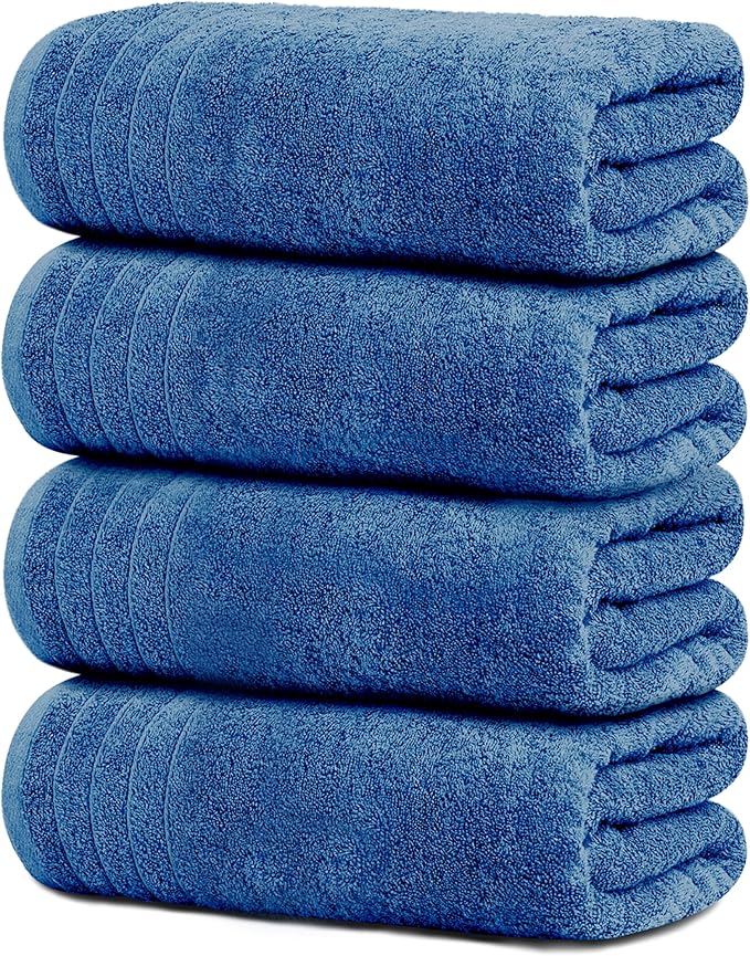 Tens Towels Pack of 4 Extra Large Bath Towels 30 x 60 Inches 100% Cotton Larger &amp Lighter Weight Quicker to Dry Super Soft and Absorbent Perfect for Bathroom Blue