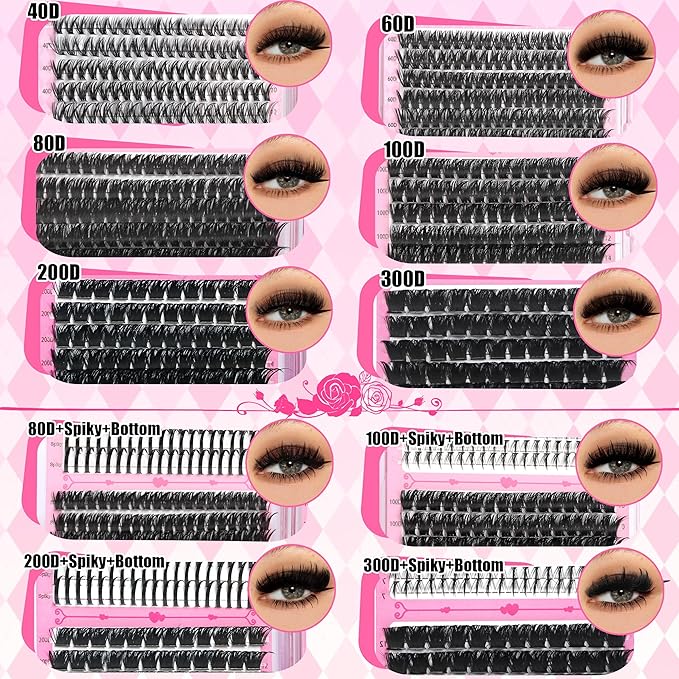 6 Styles Mix Lashes Clusters Kit 3 Box Cluster Lash Book Kit with 2X Bond&ampSeal 1520Pcs 100D/200D/300D Volume Individual Eyelash Extension Gift Packs for Beginners. DIY at Home Easily