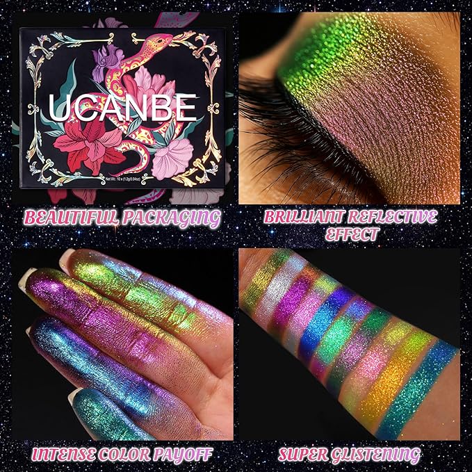 UCANBE Chameleon Multichrome Eyeshadow Palette 10 Colors Shifting Chromatic Light-Reflecting Metallic Eye Shadow Multi-Use Blendable Holographic Glitter Shimmer Eye Makeup Pallet (Solar Python)