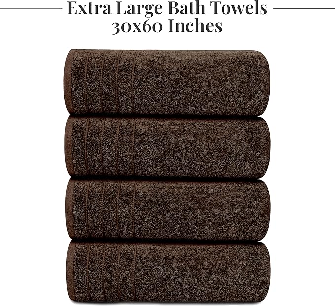 Tens Towels Pack of 4 Extra Large Bath Towels 30 x 60 Inches 100% Cotton Larger &amp Lighter Weight Quicker to Dry Super Soft and Absorbent Perfect for Bathroom Brown