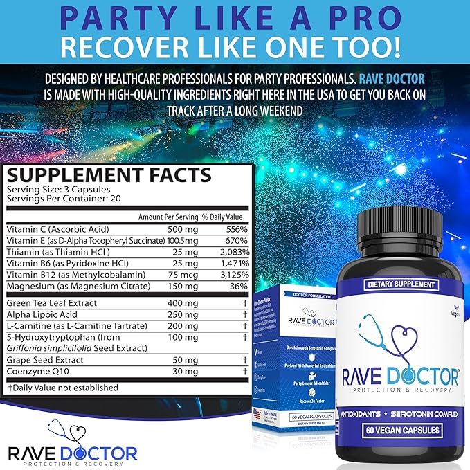 Rave Doctor 5 HTP Supplement - Essential Rave Vitamins for Festival Goers Rave Accessories Festival Essentials Festival Gear Rave Essentials 5htp Supplement