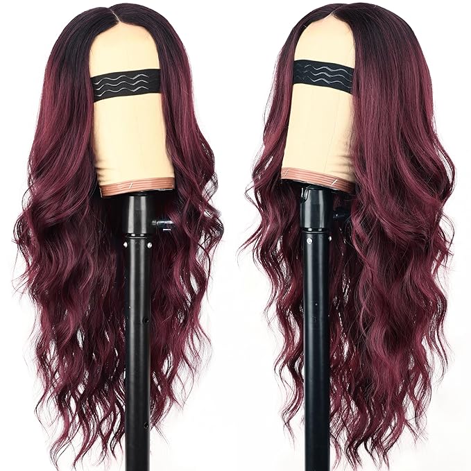 AISI HAIR Wig for Women Long Red Wavy Lace Hairline Middle Part Synthetic Heat Resistant Wig for Daily Party-26 Inch