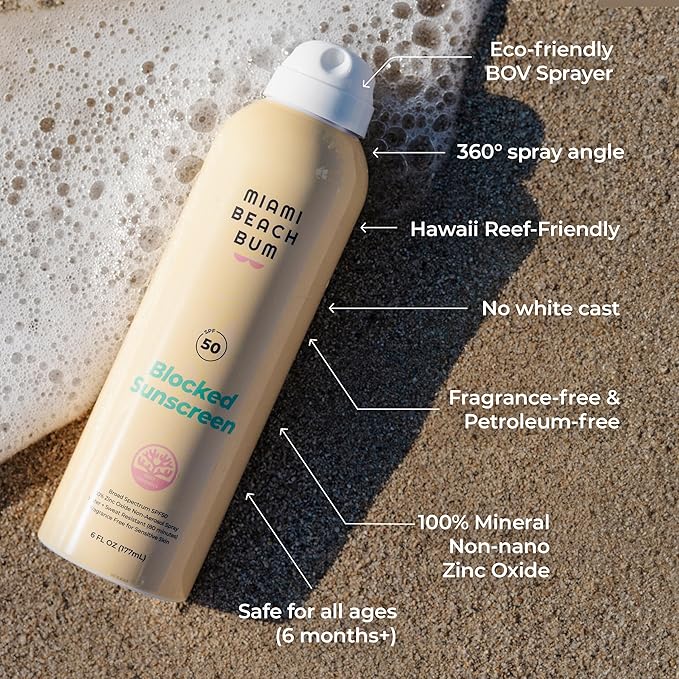 Miami Beach Bum SPF 50 Blocked Mineral BOV Spray (6 Fl oz) with Algae Aloe &amp Antioxidants Broad Spectrum Sunscreen Non-Aerosol Hawaii Reef Compliant - Octinoxate Oxybenzone &amp Petroleum Fr