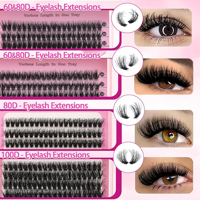 994Pcs Lashes Clusters Kit 60D/80D/100D Volume False Eyelash Extensions 10-20mm D Curl Wispy Individual Fake Eyelashes Kit Volume Studio Effect with Bond&ampSeal|Tweezers|Removers|Cleanser
