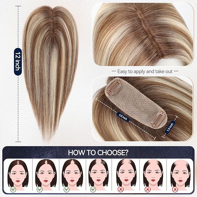 starluck Hair Toppers for Women Real Human Hair 4.5*1.5Silk Base ombre Blonde mix Brown HairPieces No Bangs 100% Real Human HairToppers for Women with ThinningHair Cover Gray Roots