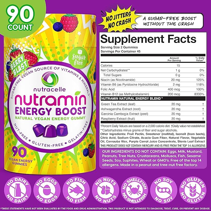 NUTRAMIN Energy Boost Vitamin Gummy - Skip The Coffee &amp Boost Your Energy Caffeine-Free Sugar-Free Vegan B12 Green Tea Ashwagandha Garcinia Cambogia Raspberry Adaptogen - 90 ct