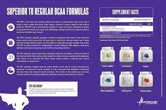 Metabolic Nutrition | TRIPEP - Tri-Peptide Branch Chain Amino Acid BCAA Powder Pre Intra Post Workout Supplement | Watermelon 400 Grams (40 Servings)