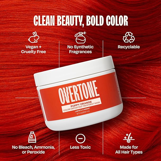 Overtone Semi Permanent Hair Color Conditioner Poppy Orange 8 oz Nourishing Damage-Free Color Depositing Mask for All Hair Types with Shea Butter &amp Coconut Oil Vegan &amp Cruelty-Free