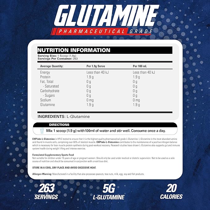 EHP Labs L Glutamine Powder Amino Acids - L-Glutamine Workout Recovery Immune Health &amp Gut Health Support (500g) - 100 Servings