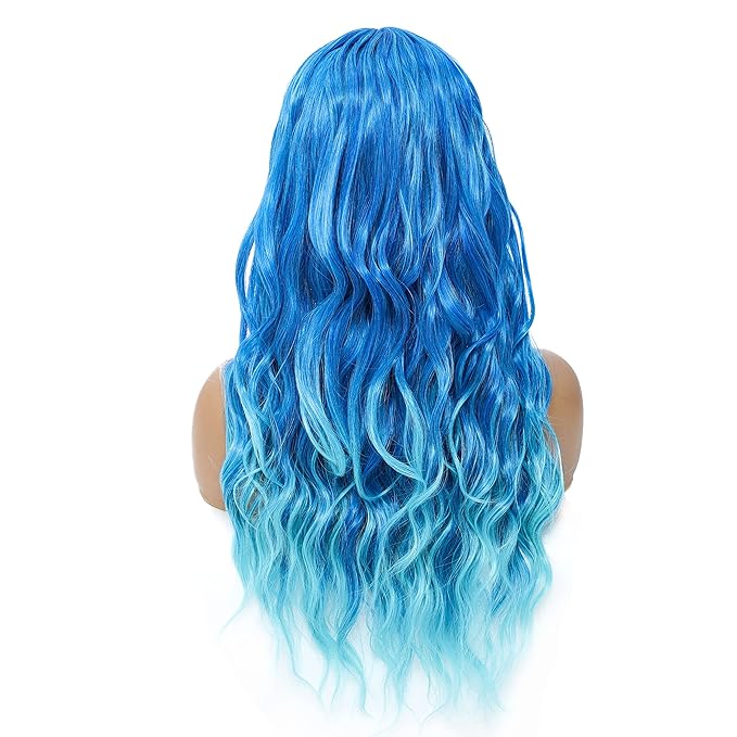 SWACC Long Curly Wavy Wig with Bangs Synthetic Hair Wig for Women with Wig Cap (Teal Blue Ombre)