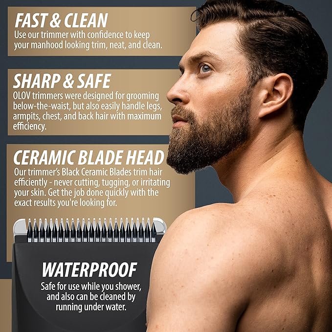 OLOV Electric Body Hair Trimmer for Men - Wet/Dry Body Shaver Groomer with 2 Repalcement Ceramic Blade USB Recharge Dock &amp Nosetrimmer Head Waterproof Male Hygiene Razor