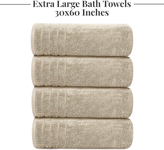 Tens Towels Pack of 4 Extra Large Bath Towels 30 x 60 Inches 100% Cotton Larger &amp Lighter Weight Quicker to Dry Super Soft and Absorbent Perfect for Bathroom Beige