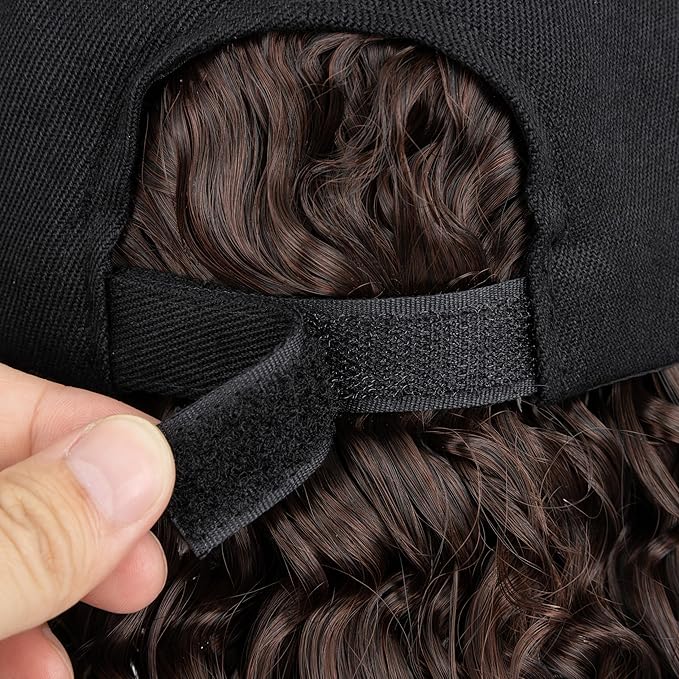 TESS Black Baseball Cap with 20'' Long Coily Synthetic Hair Extensions for Women and Girls - Adjustable &amp Breathable Wig Cap for Daily Use Outdoor Activities