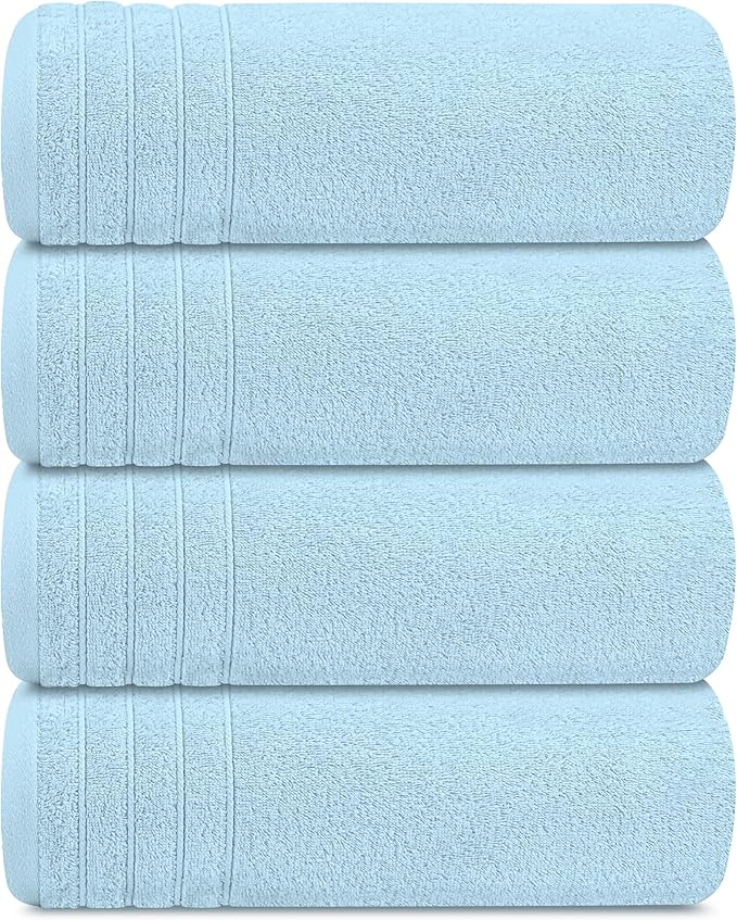 Tens Towels Pack of 4 Extra Large Bath Towels 30 x 60 Inches 100% Cotton Larger &amp Lighter Weight Quicker to Dry Super Soft and Absorbent Perfect for Bathroom Sky Blue