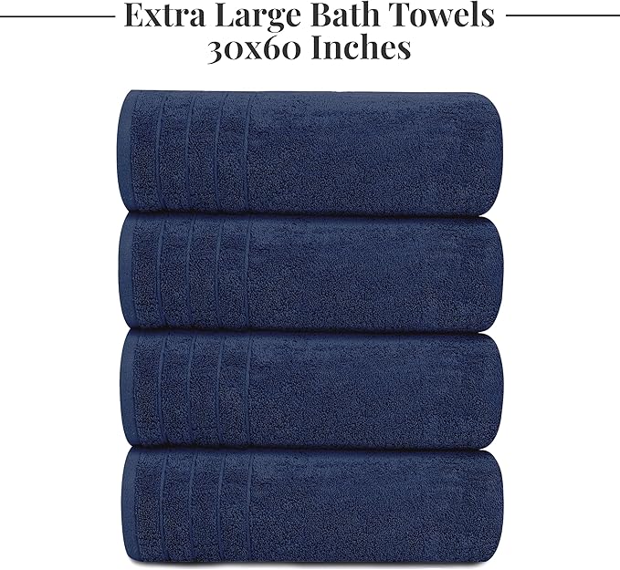 Tens Towels Pack of 4 Extra Large Bath Towels 30 x 60 Inches 100% Cotton Larger &amp Lighter Weight Quicker to Dry Super Soft and Absorbent Perfect for Bathroom Navy