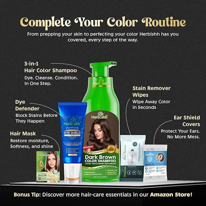 Herbishh Hair Color Shampoo - Magic Dye for Gray Hair Lasting Color in Minutes - 500 Ml 3-In-1 Ammonia-Free (Dark Brown)