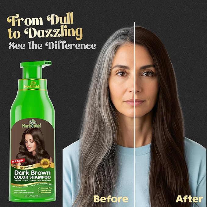 Herbishh Hair Color Shampoo - Magic Dye for Gray Hair Lasting Color in Minutes - 500 Ml 3-In-1 Ammonia-Free (Dark Brown)