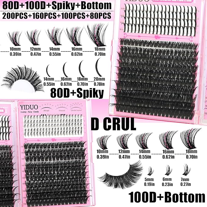 8 Styles Mix Lashes Clusters Kit 4 Box Cluster Lash Book Kit with Bond&ampSeal 1888Pcs 100D/200D/300D Volume Manga Eyelash Extension with Spikys/Bottom lash Kit for Beginners DIY at Home Easily