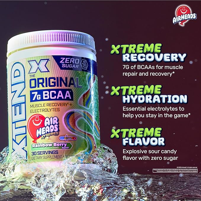 Xtend Original BCAA Powder Airheads Rainbow Berry Flavor 7g BCAA and 2.5g L-Glutamine Sugar Free Post Workout Muscle Recovery Drink with Amino Acids for Men &amp Women 30 Servings