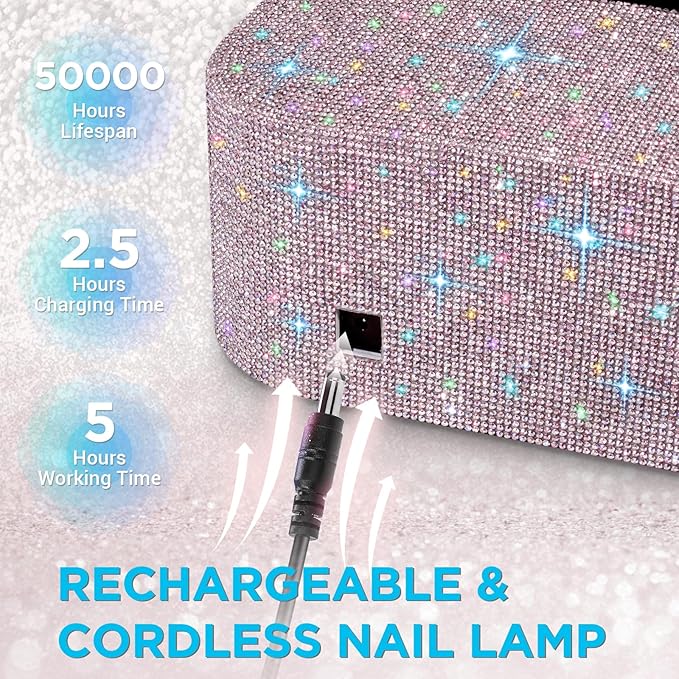 Aedavey Cordless UV Nail Lamp Rechargeable UV Light for Gel Nails LED Nail Lamp with 4 Timer Modes Gel Nail UV Light Decorate with Sparkling Nail Rhinestones