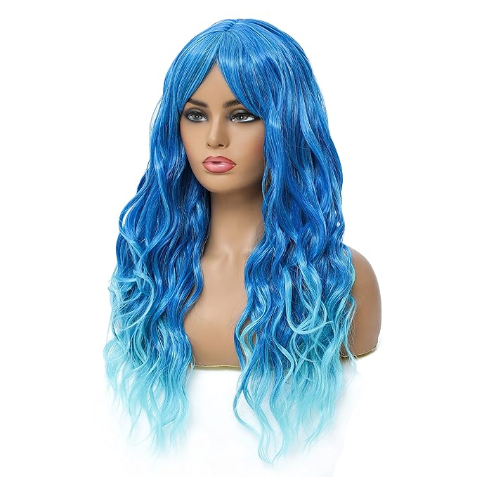SWACC Long Curly Wavy Wig with Bangs Synthetic Hair Wig for Women with Wig Cap (Teal Blue Ombre)