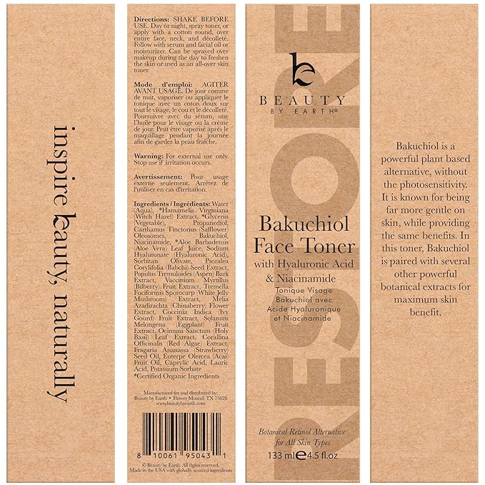 Bakuchiol Face Toner - USA Made with Natural &amp Organic Ingredients Skin Toner for Oily and Acne Prone Skin Spray Toner for Aging Skin Smoothes Fine Lines &amp Wrinkles Face Toner for Women An