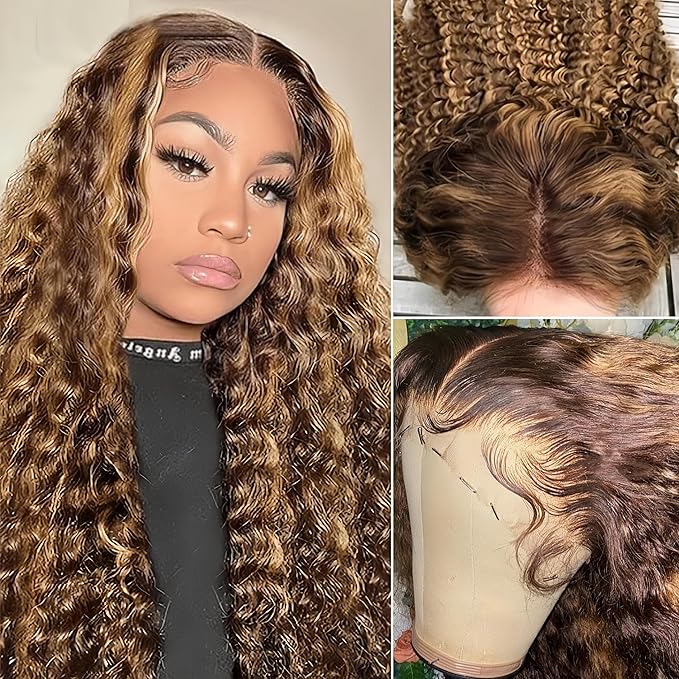 4/27 Deep Wave Human Hair Wig Highlight Ombre Color 13x4 HD Transparent Lace Front Wig 200 Density Pre-Plucked Hairline with Baby Hair Glueless for Women 32 Inch