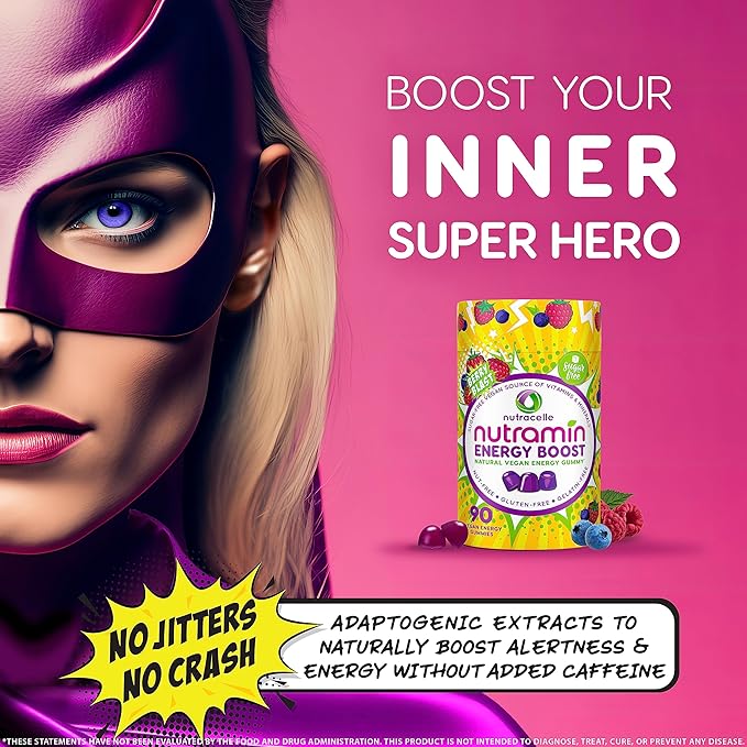 NUTRAMIN Energy Boost Vitamin Gummy - Skip The Coffee &amp Boost Your Energy Caffeine-Free Sugar-Free Vegan B12 Green Tea Ashwagandha Garcinia Cambogia Raspberry Adaptogen - 90 ct