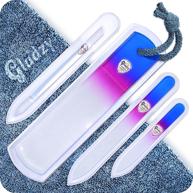 GLADZY Genuine Czech Glass Nail File Set - Callus Remover Foot Rasp Cuticle Pusher Manicure Stick Double Sided Etched Different Grit Surface Professional Nail Care Tool Made in EU