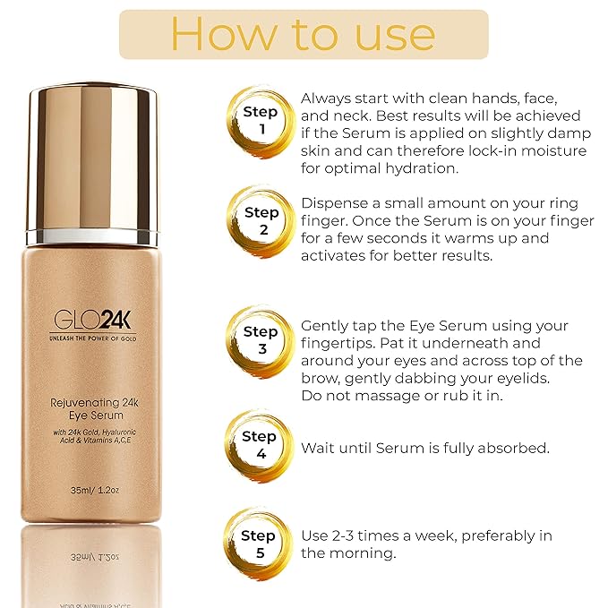 GLO24K Eye Serum with 24k Gold Hyaluronic Acid and Vitamins ACE. Potent Formula for the delicate skin around the eyes.