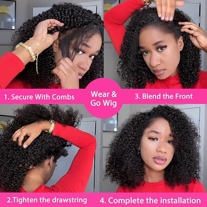 Half Wig Human Hair - 200% Density Curly Half Wig 3 In 1 Wear Go Glueless Wigs 16 Inch Drawstring Seamless Kinky Curly Flip Over Headband Wig Human Hair Beginner Friendly