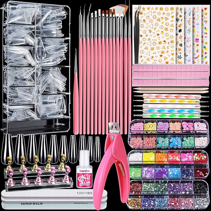 Teenitor Acrylic Fake Nails Kit Press On Nail Supplies with Clear Coffin Nail Tips Nail Stand Nail Art Brushes Dotting Pen Glitter Sequins Sticker Rhinestones Nail Decorations Press On Nails Kit