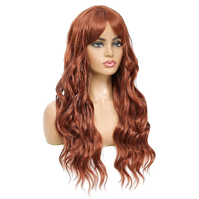 SWACC Long Curly Wavy Wig with Bangs Synthetic Hair Wig for Women with Wig Cap (Dark Copper Red)